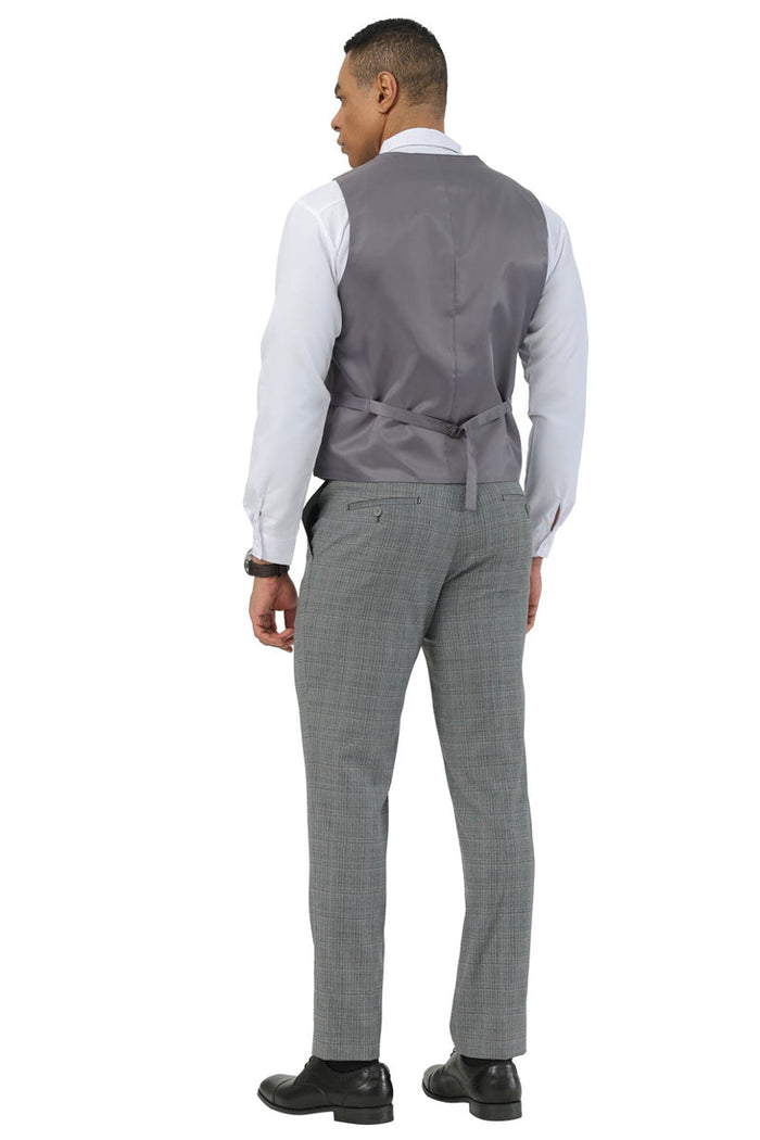 Stacy Adams men's grey glen plaid suit with peak lapels. Includes matching scoop vest and tailored trousers. Smooth fabric, subtle checkered pattern. Vest has adjustable back strap for a custom fit.
