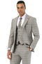 Stacy Adams men's suit in khaki glen plaid. Features a two-button jacket, matching vest, and tailored trousers. Light, textured woven material. Includes a white dress shirt and patterned tie.
