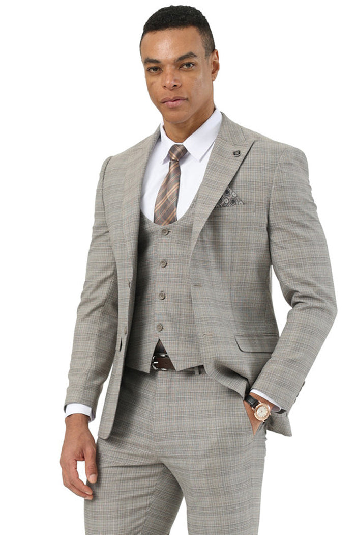 Stacy Adams men's suit in khaki glen plaid. Features a two-button jacket, matching vest, and tailored trousers. Light, textured woven material. Includes a white dress shirt and patterned tie.

