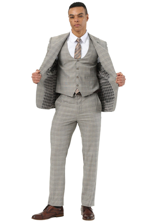 Khaki glen plaid Stacy Adams men's suit. Two-button, peak lapel, and a matching scoop vest. Features a fitted silhouette and contrasting interior lining.
