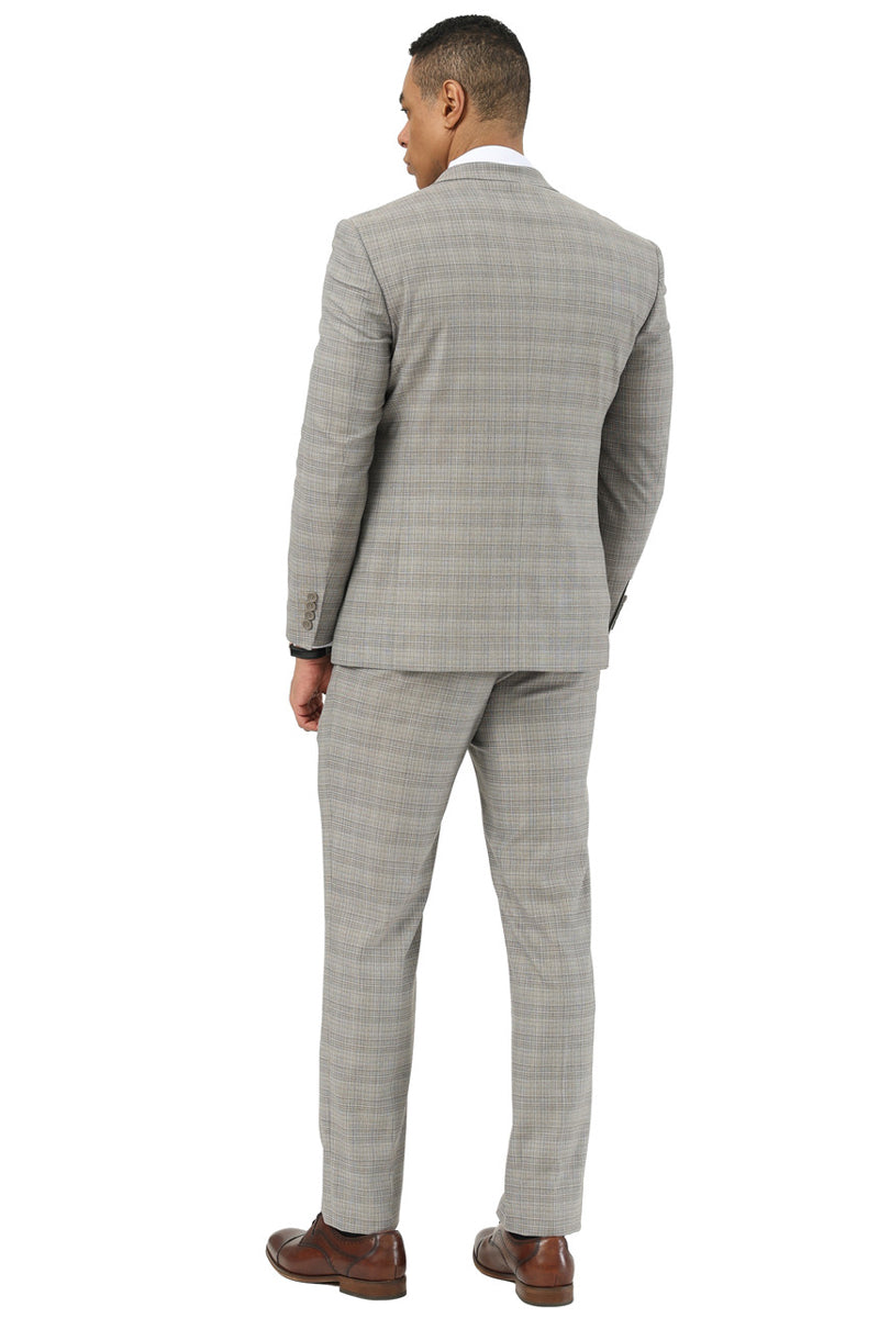 Stacy Adams men's suit in khaki glen plaid. Two-button, peak lapel, fitted silhouette. Lightweight, smooth fabric. Jacket with two vents, tailored pants.
