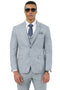 Stacy Adams men's suit: light grey sharkskin, subtle texture. Tailored jacket (notch lapels, single button) and matching trousers. Includes a blue polka dot tie and patterned pocket square for added detail.
