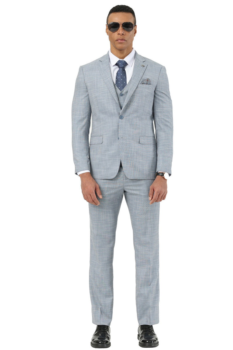 Men's Stacy Adams light grey sharkskin vested suit. Two-button jacket, notch lapels, matching trousers & vest. Subtle checked pattern. Tailored fit.
