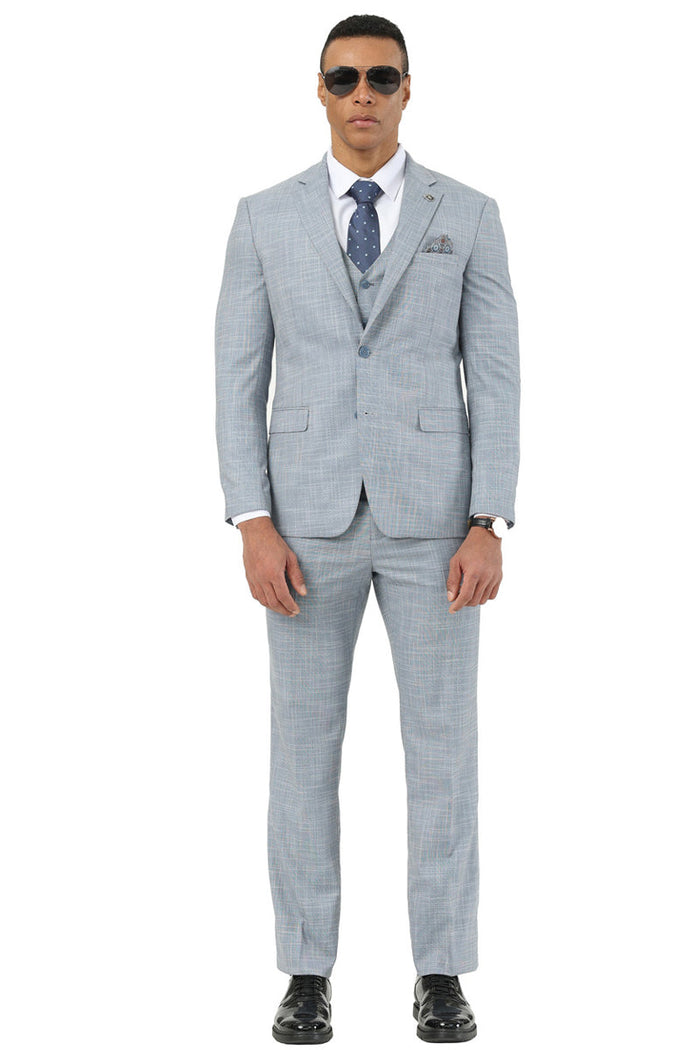 Men's Stacy Adams light grey sharkskin vested suit. Two-button jacket, notch lapels, matching trousers & vest. Subtle checked pattern. Tailored fit.
