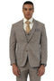 Stacy Adams men's light brown sharkskin vested suit. Tailored fit, single-breasted blazer with notched lapel and 3-button closure. Subtle texture, checkered pattern, and matching vest.
