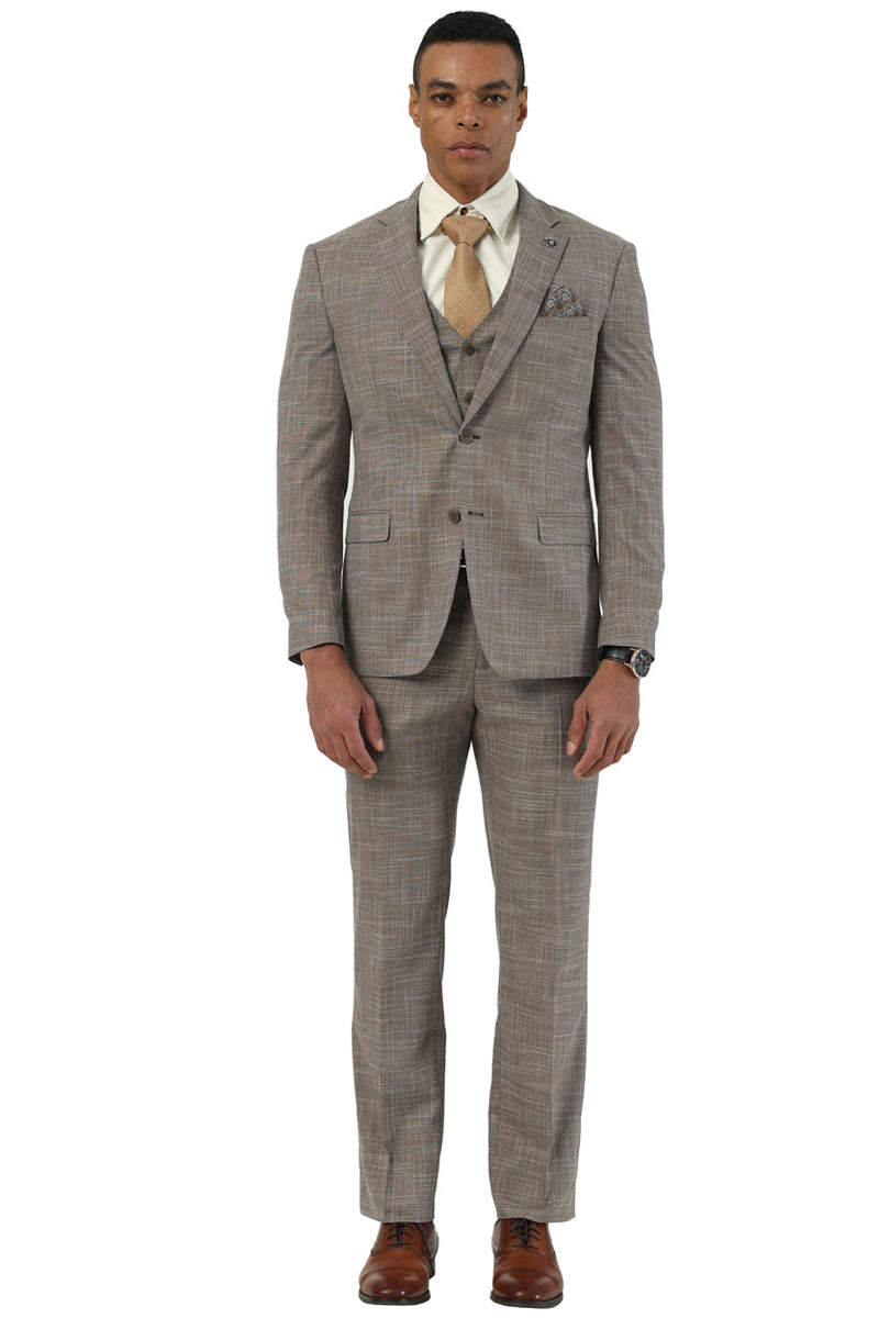 Stacy Adams men's suit in light brown sharkskin. Includes a tailored blazer with notch lapel and single-button closure, matching trousers, and a vest for a structured look.

