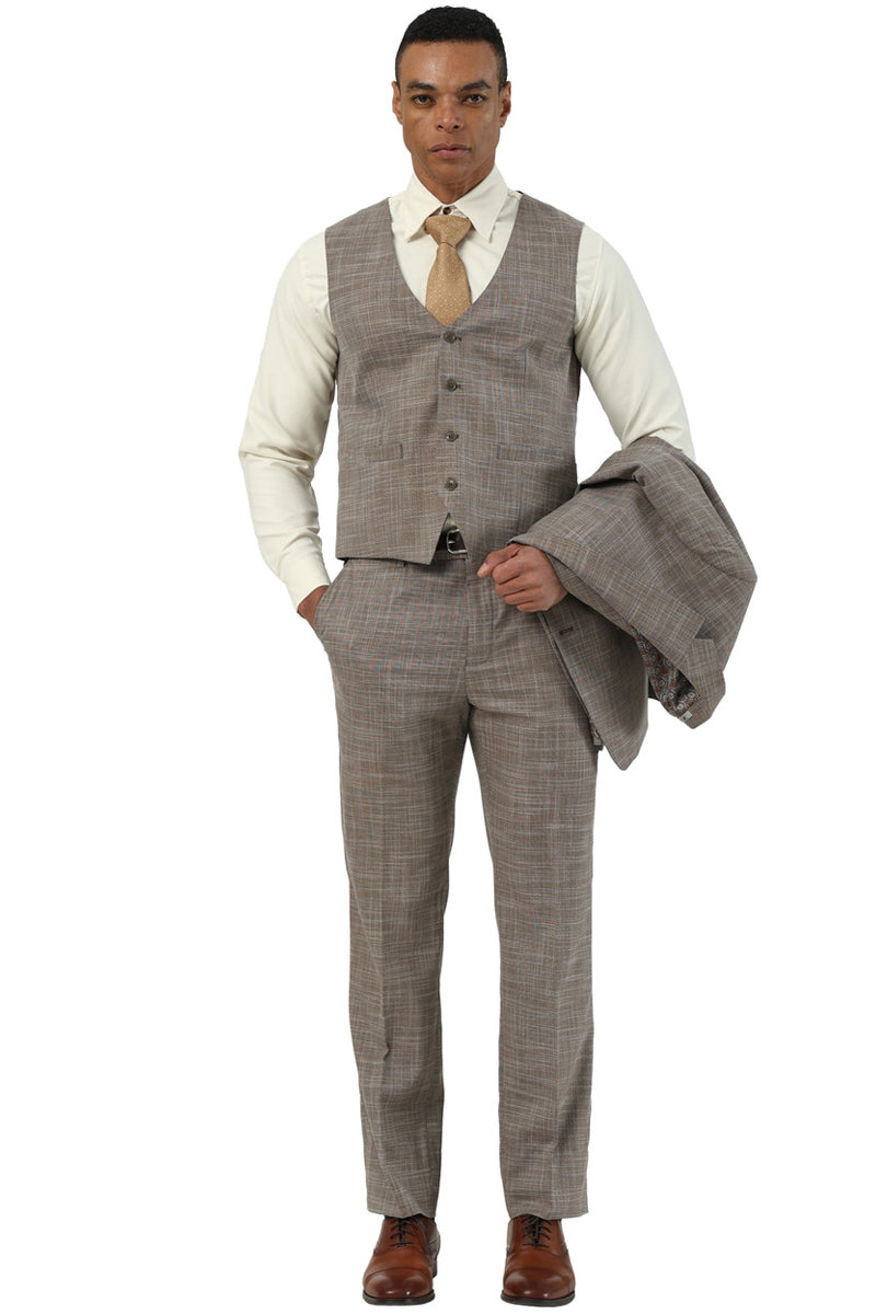 Men's Stacy Adams light brown sharkskin suit. Includes a fitted, 3-button vest, slightly tapered trousers, and a matching brown jacket (held).