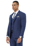 Stacy Adams men's suit: indigo blue, sharkskin weave. Single-breasted jacket, vest, & fitted pants. Smooth fabric with subtle sheen. Designer tailored look.
