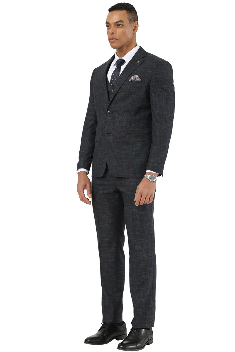 Stacy Adams black sharkskin vested suit. Structured, single-breasted jacket, matching trousers, and vest. Textured sharkskin weave. Notched lapel, single-button closure, straight-fit trousers for a formal look.

