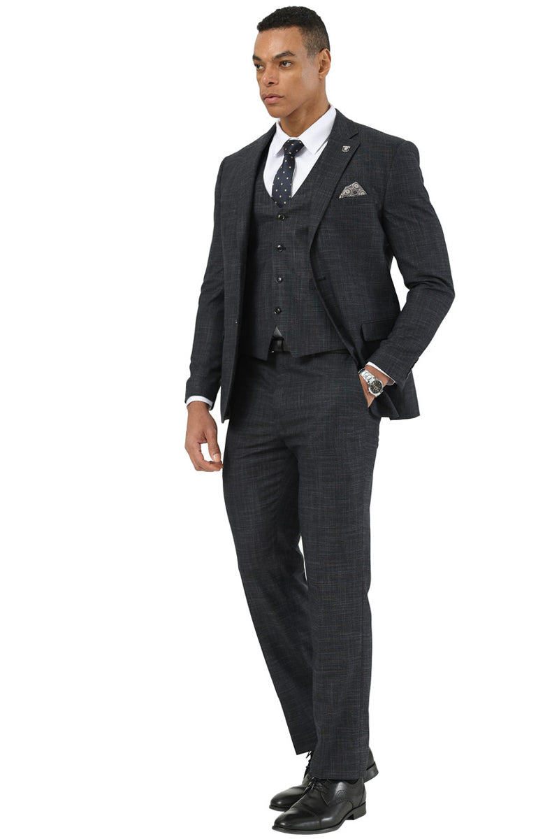 Stacy Adams black sharkskin vested suit. Three-piece, tailored fit. Single-breasted jacket, vested waistcoat, matching trousers. Subtle textured weave with a slight sheen. Formal appearance, suitable for business or events.
