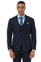 Navy sharkskin Stacy Adams suit: fitted blazer with notch lapels, single-button closure, and matching trousers. Includes a vest, all in navy. Tailored silhouette.
