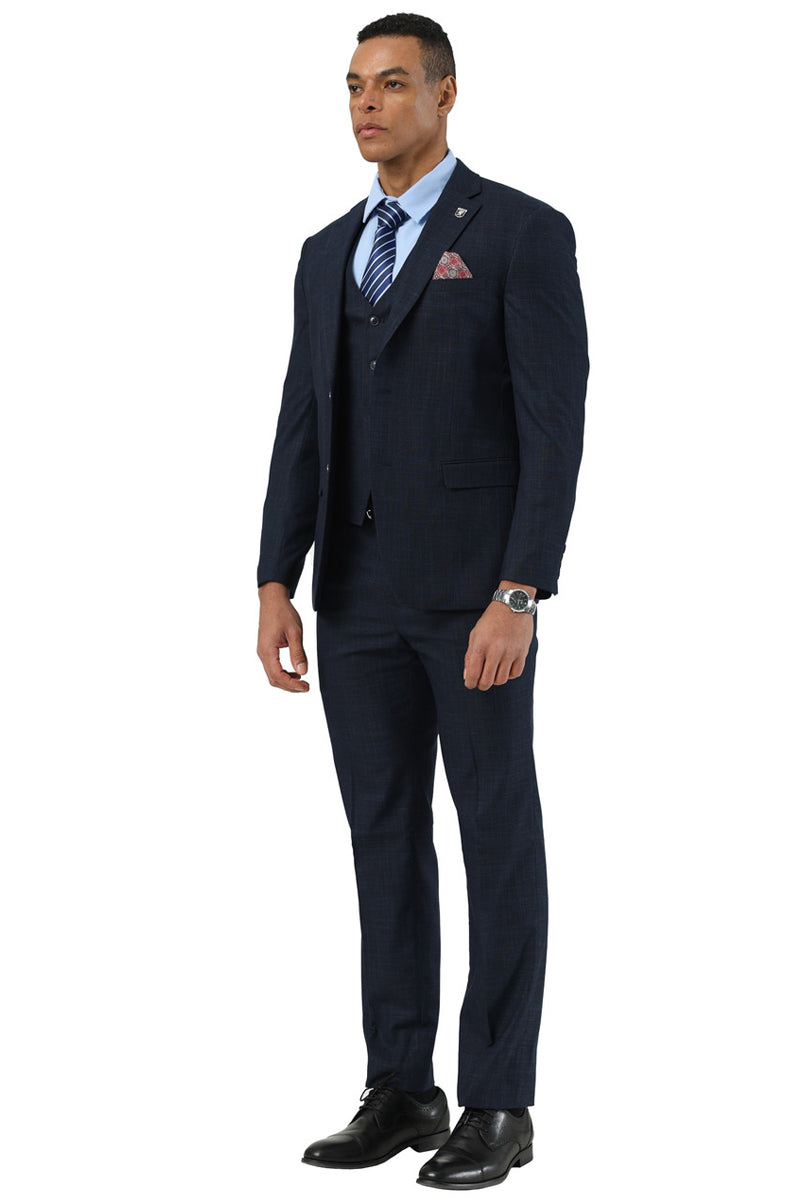 Stacy Adams navy blue vested suit. Sharkskin weave. Tailored jacket with single-button closure, pockets, and classic lapel. Straight-leg pants. Matching vest included.
