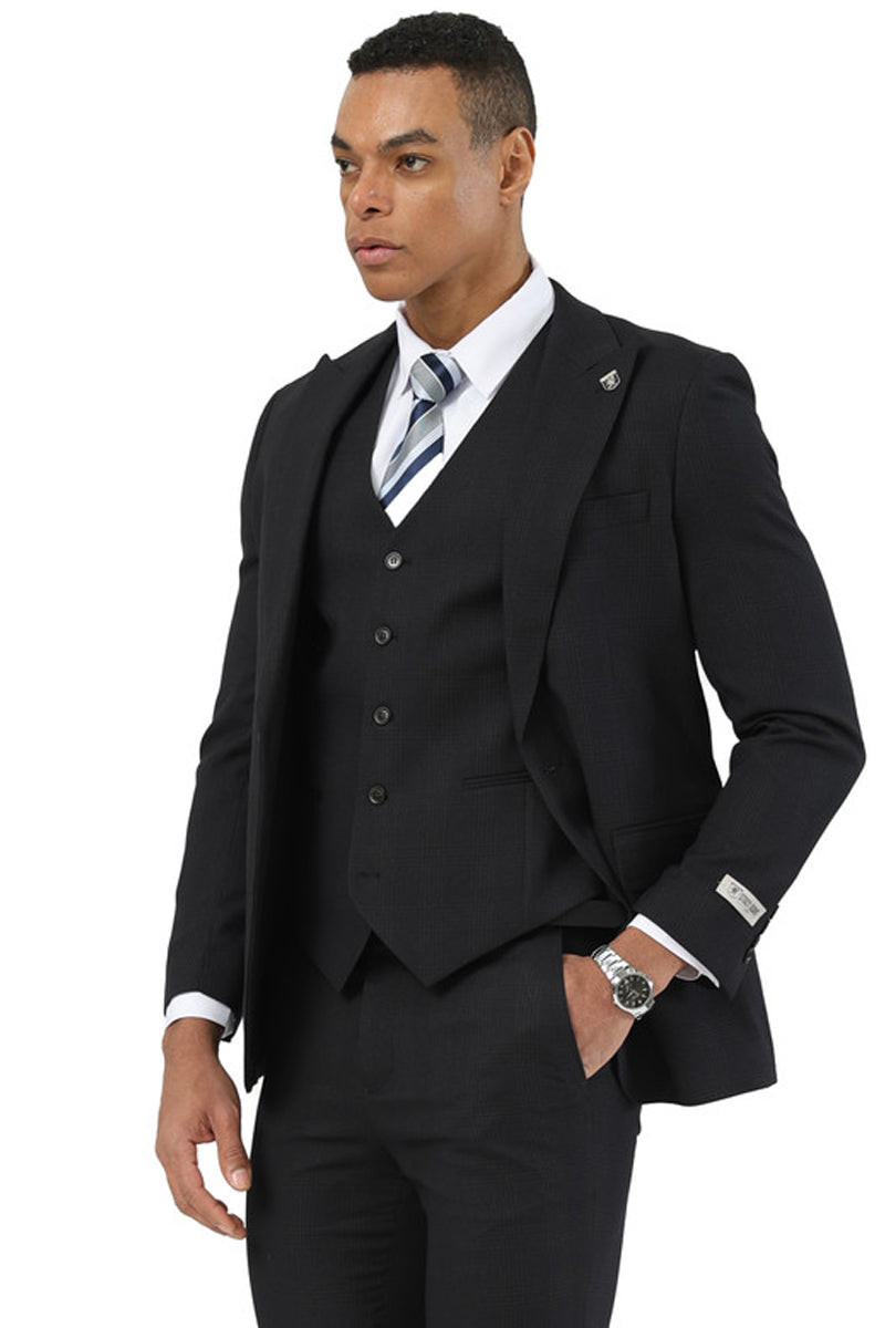 Stacy Adams men's black plaid suit with peak lapel, one-button jacket, and vest. Includes dress shirt and striped tie. Tailored fit for a polished look.
