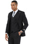 Stacy Adams men's black plaid suit with peak lapel, one-button jacket, and vest. Includes dress shirt and striped tie. Tailored fit for a polished look.
