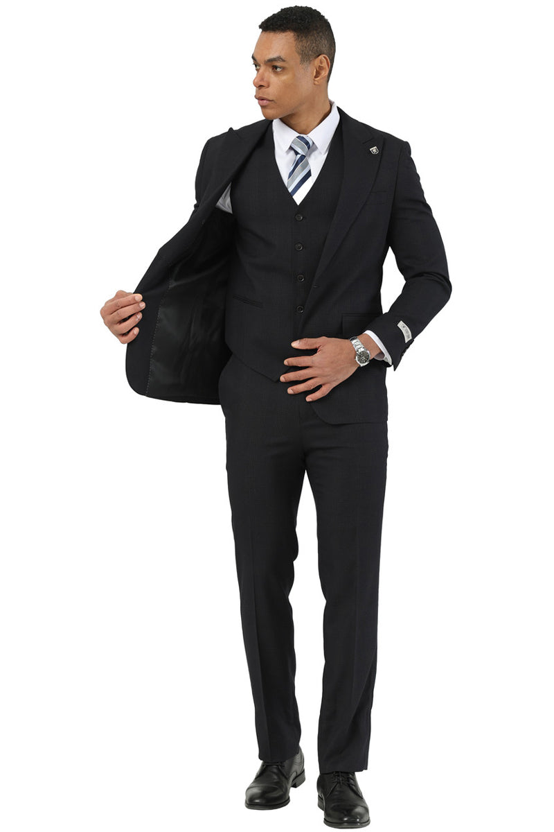 Stacy Adams men's black plaid suit with a fitted silhouette. Peak lapel jacket, one-button closure. Includes a vested insert. Straight-leg trousers. Textured fabric with a subtle plaid pattern.
