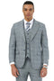 Men's Stacy Adams business suit in light grey sharkskin. Structured jacket with notch lapel, two buttons. Matching vest with five buttons. Tailored for a fitted look.
