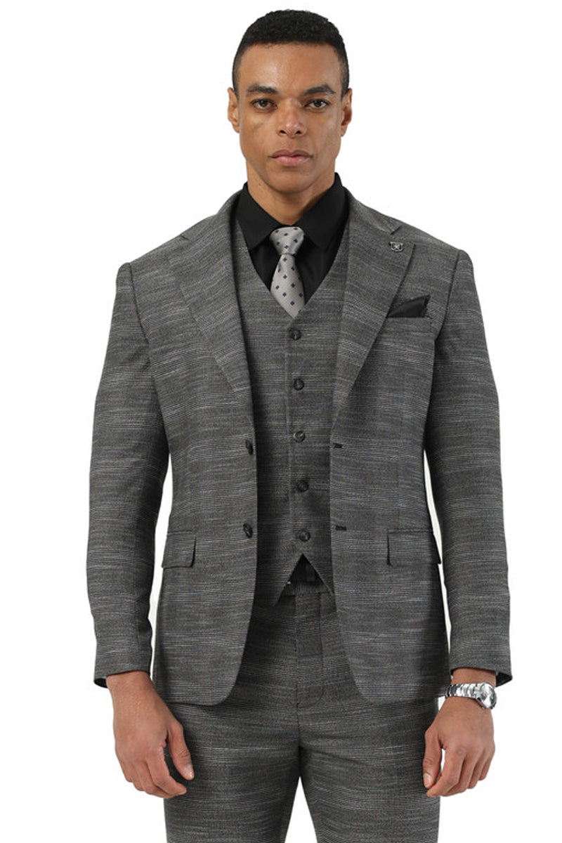 Charcoal grey sharkskin Stacy Adams men's suit: fitted blazer (notch lapel, pockets), matching vest, and tailored trousers. Classic style.
