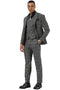 Charcoal grey Stacy Adams men's business suit: fitted blazer (single-breasted, 3-button), matching vest, and straight-cut trousers. Sharkskin pattern. Woven fabric.
