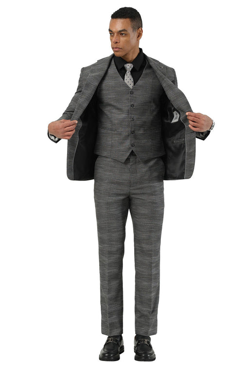 Stacy Adams men's charcoal grey sharkskin 3-piece business suit. Includes jacket (notched lapel, 3-button), matching vest (5-button), and slim-fit trousers with straight leg.