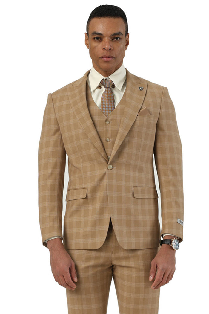 Men's Stacy Adams taupe plaid suit. Fitted, one-button closure, peak lapel, and matching vest. Woven fabric with plaid pattern. Jacket has two front pockets.
