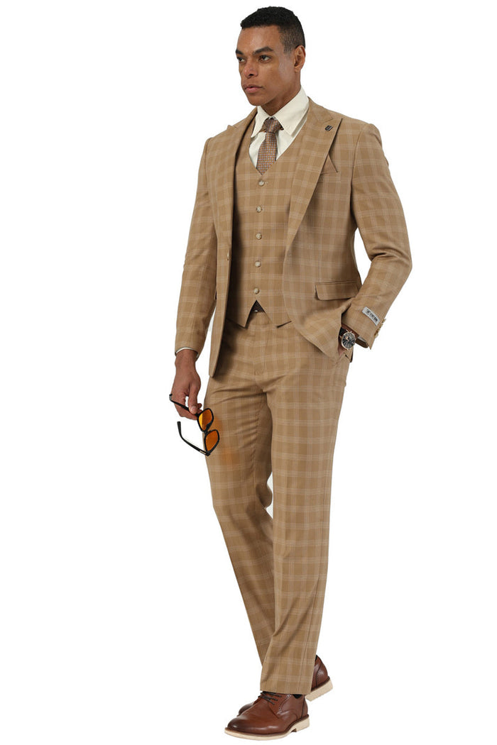 Men's Stacy Adams taupe plaid suit with a tailored fit. One-button closure, peak lapels, and a matching vest create a structured look. Lightweight fabric, grid plaid pattern. Includes trousers.
