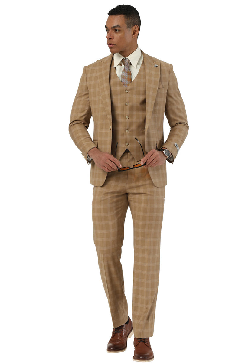 Men's Stacy Adams taupe plaid suit. Tailored fit, single-button closure, peak lapels. Includes a five-button vest. Trousers match. Features light taupe plaid pattern.

