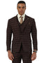 Stacy Adams men's brown plaid suit. One-button jacket with peak lapels and two front pockets. Matching vest. Woven fabric with dark brown and lighter plaid accents.
