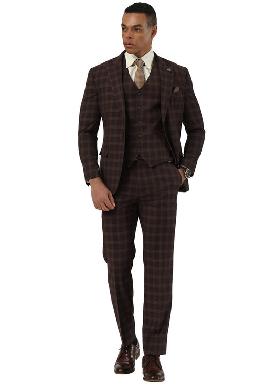 Men's Stacy Adams brown plaid suit: one-button blazer, peak lapel, and a three-piece design (vest & trousers). Fitted silhouette with a textured fabric and straight-cut pants, showcasing a layered, tailored look.
