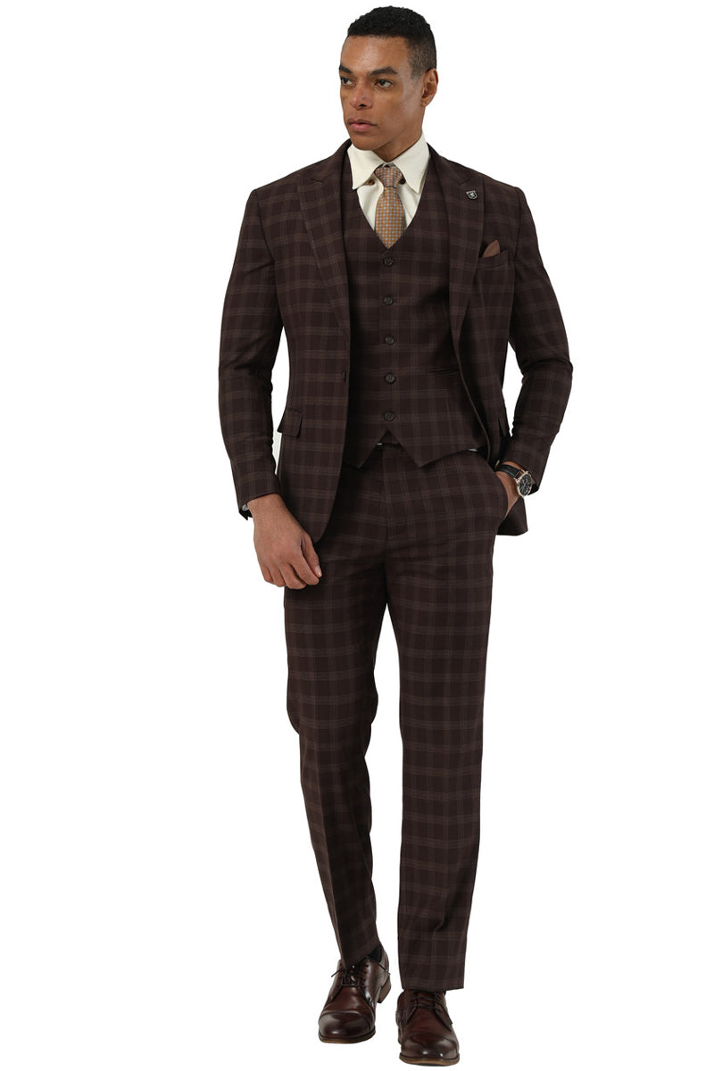 Men's Stacy Adams brown plaid suit: one-button blazer, peak lapel, and a three-piece design (vest & trousers). Fitted silhouette with a textured fabric and straight-cut pants, showcasing a layered, tailored look.
