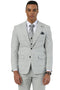 Men's Stacy Adams light grey windowpane plaid suit. Two-button jacket with peak lapels, two pockets, and a matching vest. Smooth, tailored fabric.
