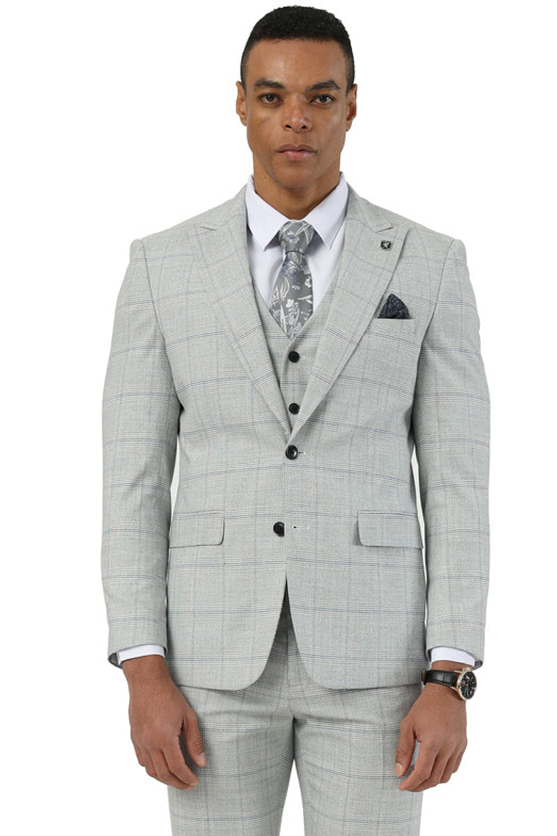 Men's Stacy Adams Two Button Vested Peak Lapel Suit in Light Grey Windowpane Plaid