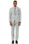 Light grey men's suit with windowpane plaid. Two-button, vested design with peak lapel. Subtle grey plaid pattern. Fitted jacket and matching trousers.
