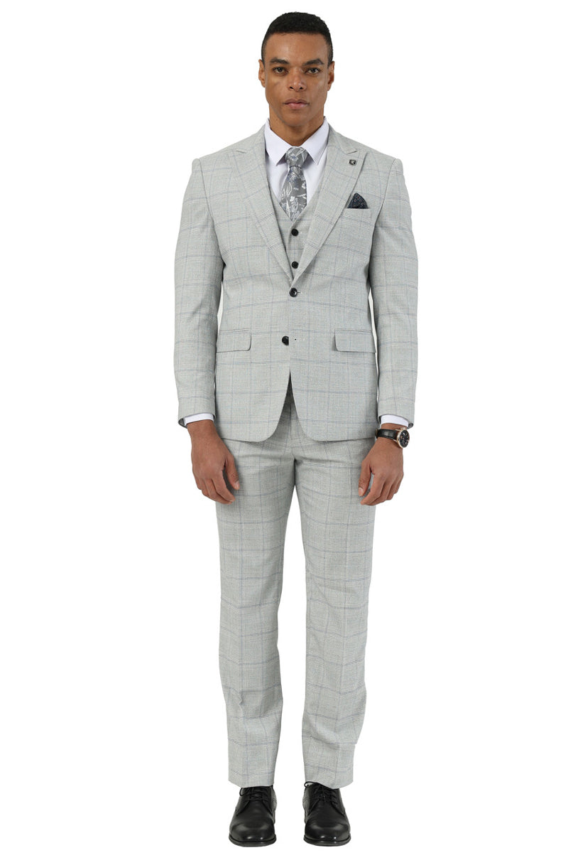 Men's Stacy Adams Two Button Vested Peak Lapel Suit in Light Grey Windowpane Plaid