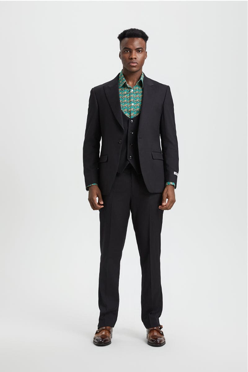 Mens Stacy Adams Suit - Stacy Adams Suit Men's Designer Suit - Black, One Button Peak Lapel Vest