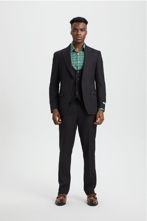 "Mens Stacy Adams Suit - Stacy Adams Suit Men's Designer Suit - Black, One Button Peak Lapel Vest"