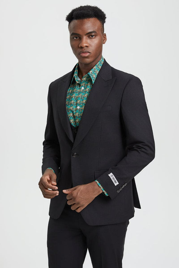 "Mens Stacy Adams Suit - Stacy Adams Suit Men's Designer Suit - Black, One Button Peak Lapel Vest"