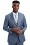 Stacy Adams men's steel light blue sharkskin suit. Two-button jacket with notched lapels and subtle sheen. Includes vest, maintaining color scheme. Paired with light blue tie and white shirt, offering a sharp, tailored silhouette.

