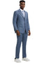 Stacy Adams men's sharkskin suit in steel light blue. Two-button blazer with notch lapel and pockets. Three-piece design with matching straight-leg trousers. Tailored silhouette, smooth fabric, subtle sheen.
