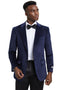 Navy blue velvet blazer by Stacy Adams. Modern fit, single-button closure, notched lapels, and flap pockets offer a tailored look. Features soft, rich velvet fabric with button cuffs.
