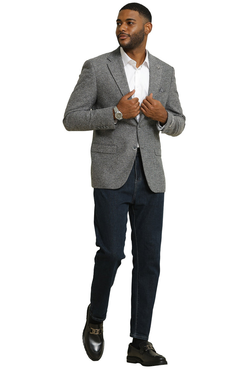 Stacy Adams vintage grey tweed blazer. Men's tailored, modern fit with notched lapel. Textured wool blend, single-button closure, and front pockets. Elegant, structured design.
