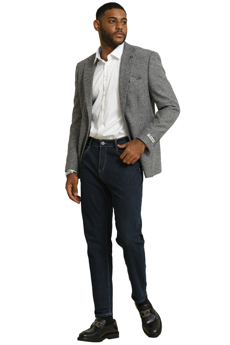 Grey tweed Stacy Adams blazer. Vintage professor style. Tailored fit, notch lapel, single button. Textured fabric, solid grey, subtle sheen. Classic silhouette, structured shoulders.

