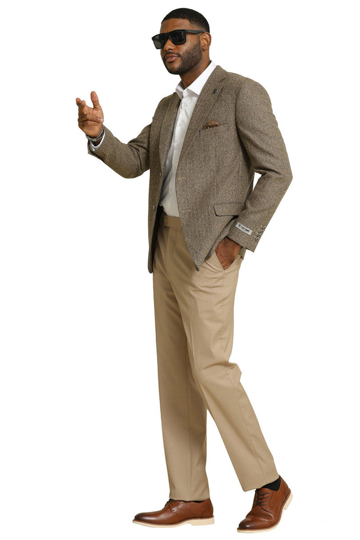 Tan Stacy Adams tweed blazer: Vintage-inspired, single-breasted, textured tweed. Features notch lapels, chest pocket, two front pockets, and button cuffs. Primarily tan with darker flecks.
