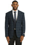 Modern fit Stacy Adams blazer in dark green plaid. Textured fabric, notched lapels, single-button closure, and two front pockets. Sleeves end above wrist for cuff visibility.
