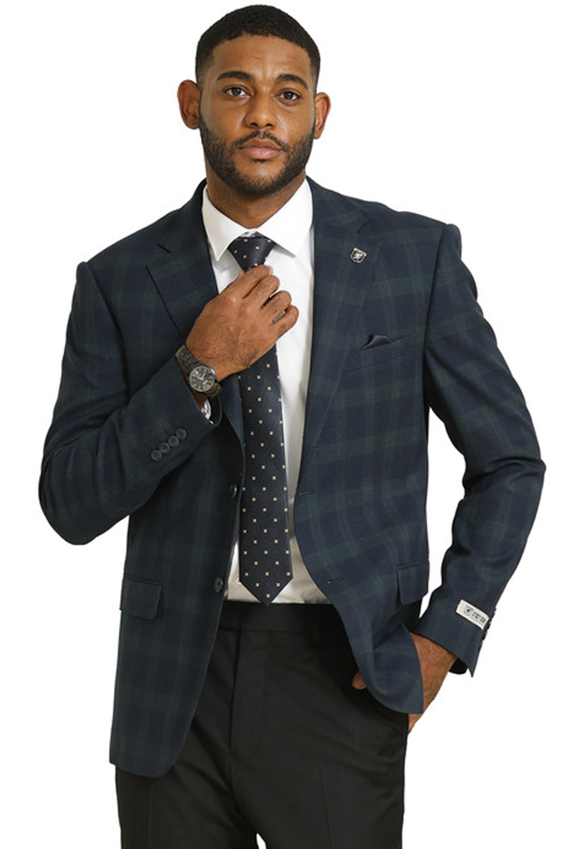 Men's Stacy Adams blazer. Modern fit, dark green plaid pattern. Single-button closure, lapels, and tailored sleeves with button cuffs. Features two front pockets. Structured design.
