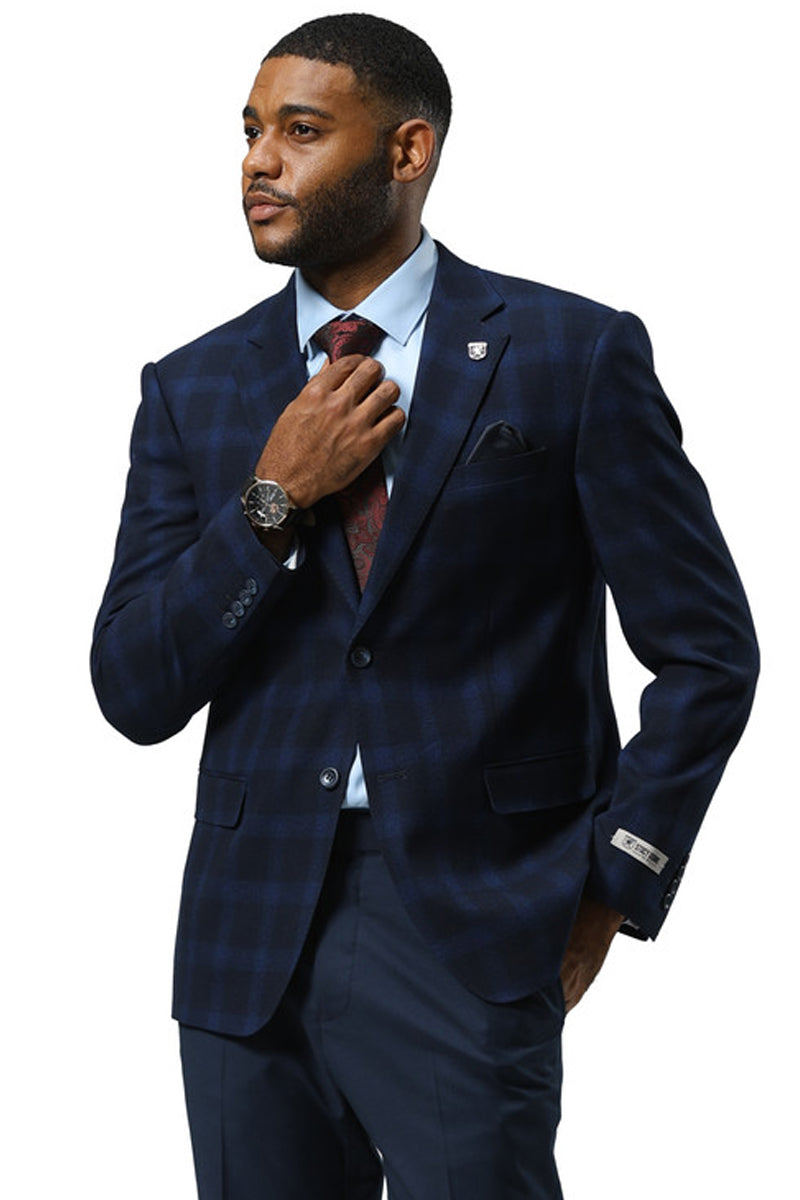 Men's Stacy Adams Modern Fit Business Sport Coat Blazer in Dark Navy Blue Plaid