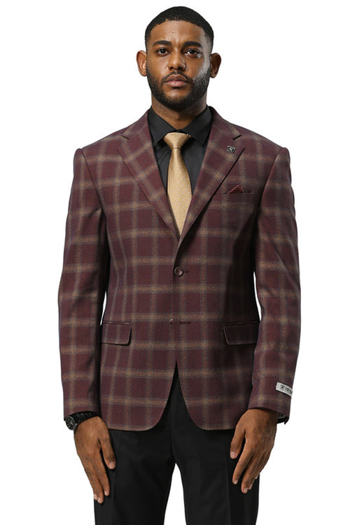 Men's Stacy Adams burgundy plaid blazer. Modern fit, tailored silhouette with structured shoulders, single-breasted design. Features notch lapels, two front pockets, single button closure, long sleeves, and back vent.
