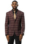 Men's Stacy Adams burgundy plaid blazer. Modern fit, tailored silhouette with structured shoulders, single-breasted design. Features notch lapels, two front pockets, single button closure, long sleeves, and back vent.
