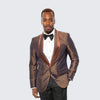 Mens Brown Paisley Tuxedo with Brown Satin Lapel and Pants – Formal Wedding Suit