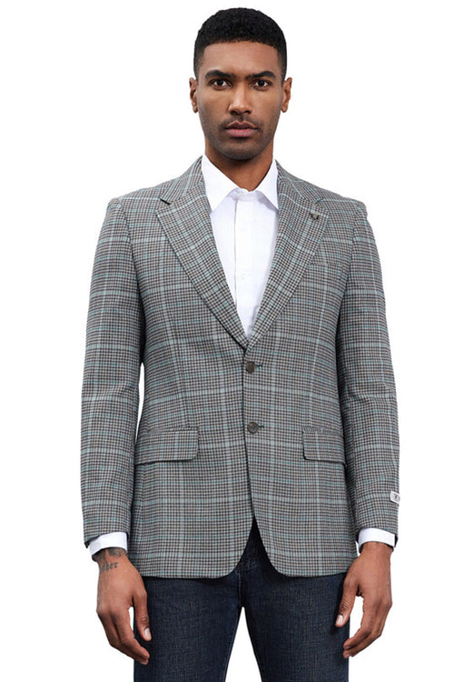 Stacy Adams modern fit sport coat in grey plaid. Features grey, black, and blue lines. Single-breasted, notch collar, two front pockets. Tailored fit with a smooth, formal weave.
