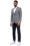 Stacy Adams men's modern fit sport coat. Grey plaid pattern, single-breasted, notch lapels. Structured, woven fabric. Fitted silhouette, button closures, and cuff details.
